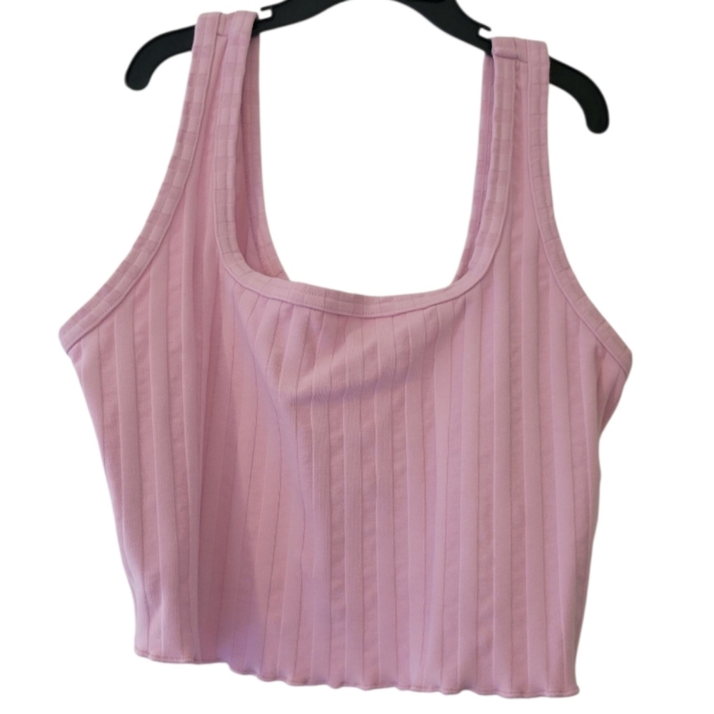 Offline By Aerie Pink Ribbed Scalloped Crop Top Tank Top Size M